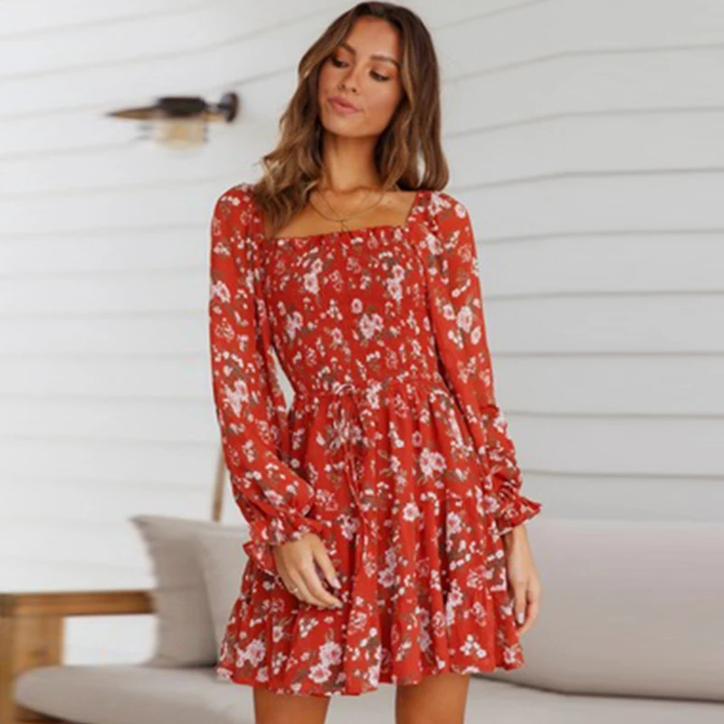 

Women's Autumn Square Neck Long Sleeve Print Casual A-line Mini Dress Ladies Casual Dress Fashion Flower Sundress Beach Dress