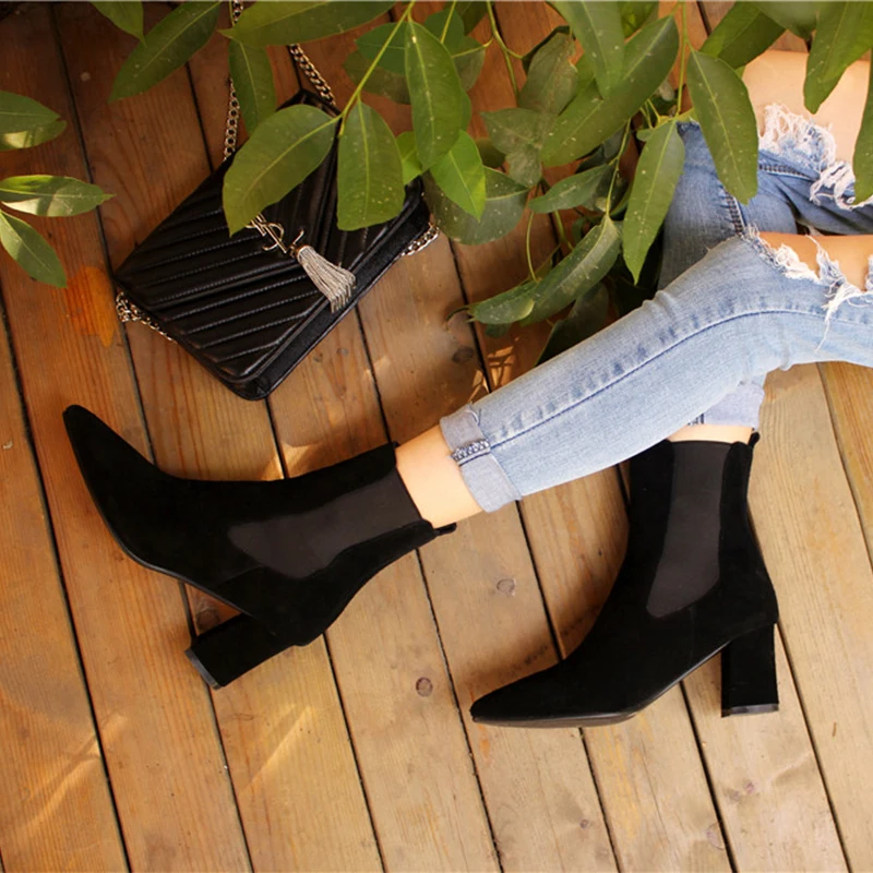 

HOT Cow Suede Ankle Boots for Women Spring/Autumn Slip-On Boots Pointed Toe Square Heel Women Shoes High (5cm-8cm)