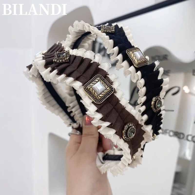 

Women Girls Hair Bands White Pleated Headbands Vintage Temperament Black Brown HairBands Hair Accessories Headwear