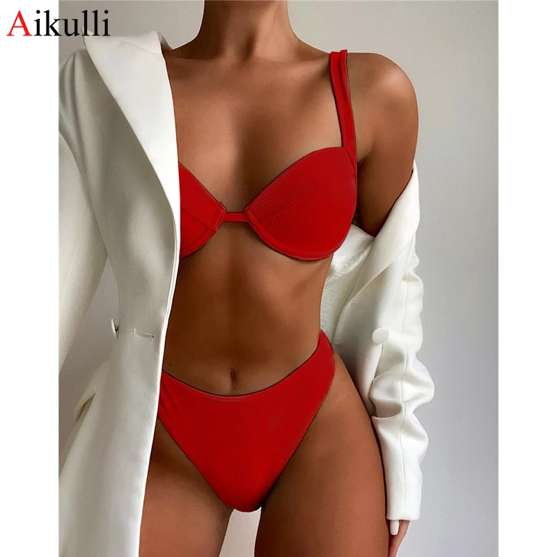 

New Solid High Waist Bikini Swimsuits Women Sexy Underwired Swimwear 2021 Summer Beach Swimming Bathing Suits Female Bikinis Set