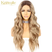 krismile long curly synthetic wigs t part lace brown roots blonde middle part wig high temperature party cosplay daily for women