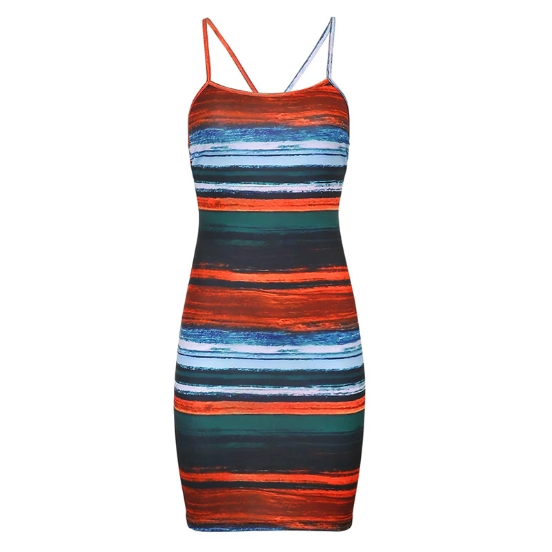

2021 new contrast Stripe Print back cross sexy slim open back suspender dress