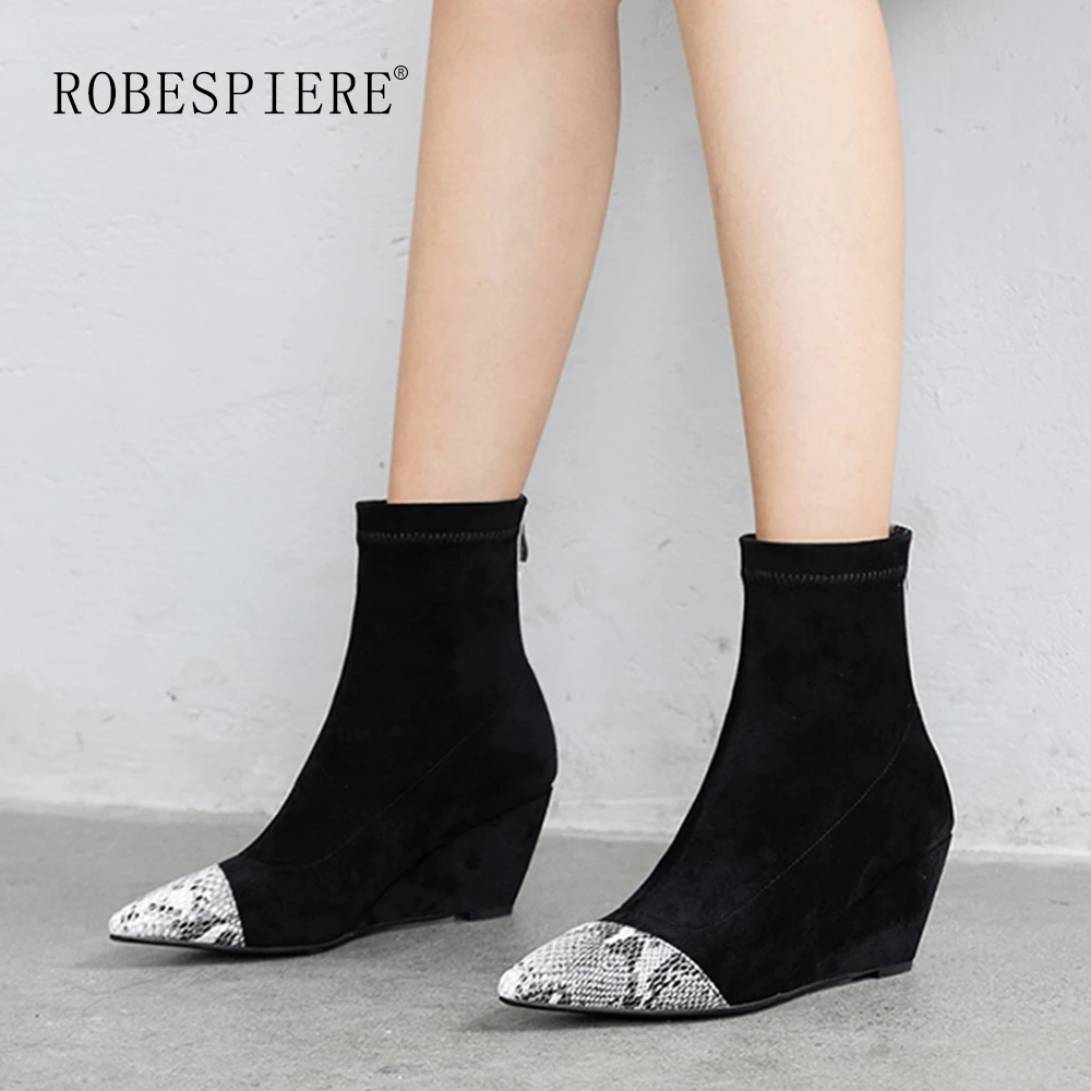 

Женские ботинки с острым носком ROBESPIERE, зимние ботинки на танкетке, повседневная обувь на молнии, B102