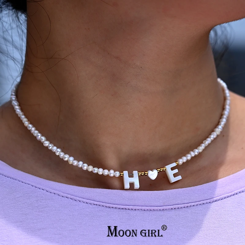 

Personalize Shell Initial Choker for Women Heart Fashion 3MM Natural Stone Freshwater Pearl Customized Name Letter Necklace