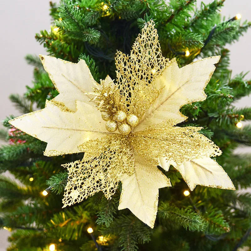 1 шт. 25 см блестящие искусственные Chritsmas цветы Poinsettia поддельные для Рождества DIY