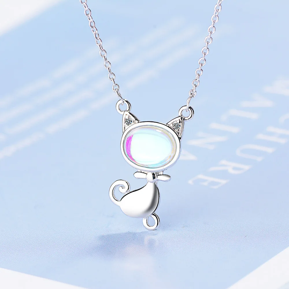 

Moonstone Cat Necklace Korea Clavicle Chain Female Playful Kitten Exquisite Short Necklace Jewelry Lady Necklace