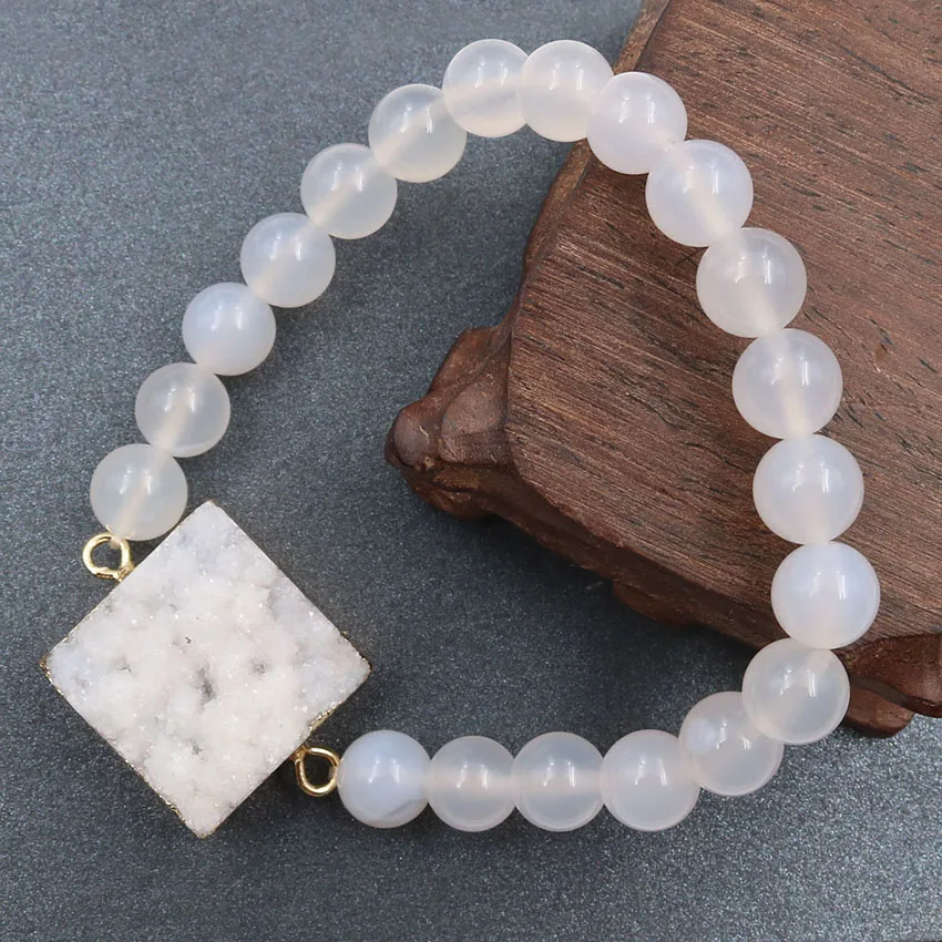 

Natural Round Beads Stone Small Crystal Cluster Gold-color Square Shaped Bracelet Dyed Color Druse Quartz Women Men Jewelry
