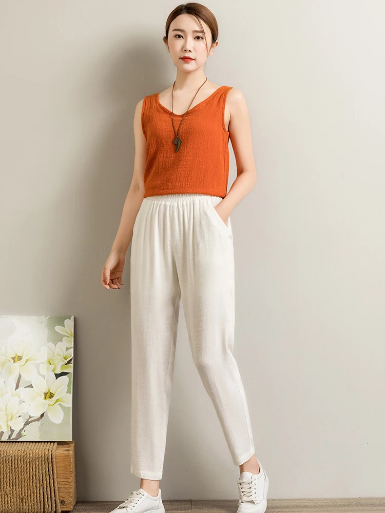 

LANMREM 2021 Summer Hemp Elastic Harem Pants Women's Cotton Linen Large Size Trousers With Pockets Female Fashion Tide 2D6022