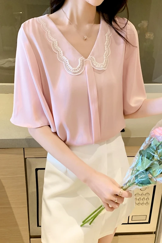 

Houthion Women's Blouse Chiffon Top Casual Fashion New Pure Color Stitching Ship Immediately Short Sleeve V-neck Shirt Korean