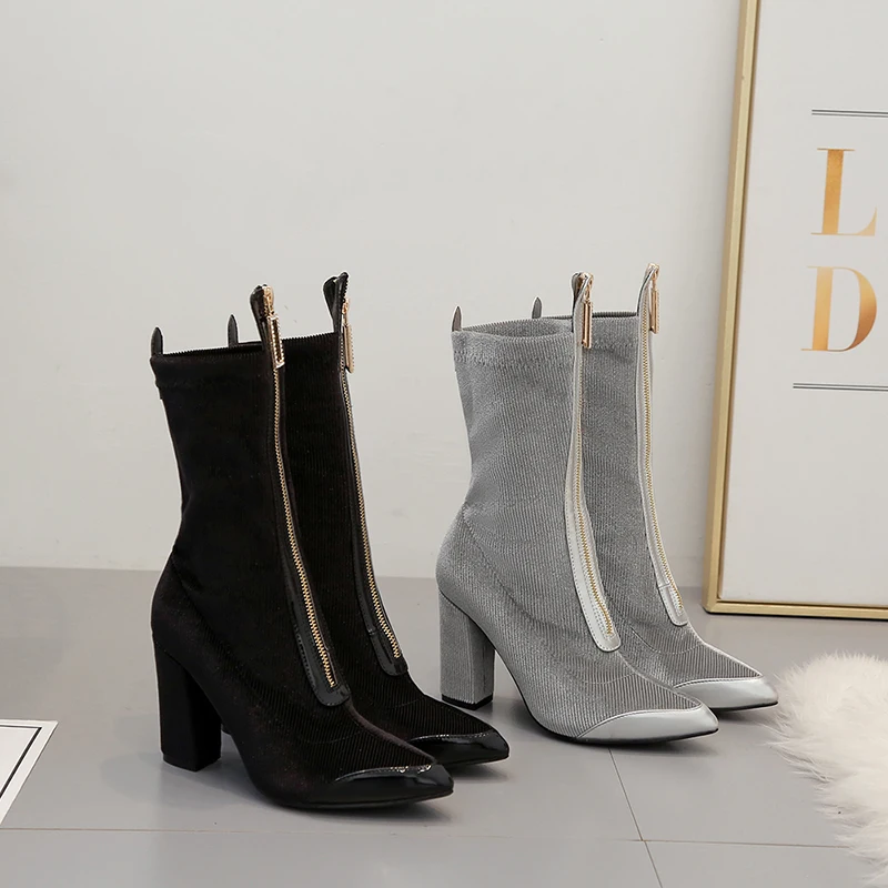 Новинка 2019 года Модные женские ботинки сапоги из флока на молнии высоком каблуке