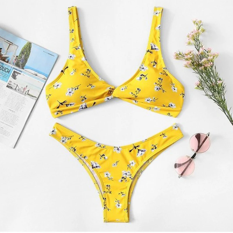 Желтый Цветочный укороченный топ с пуш-апом комплект бикини 2019 купальники для