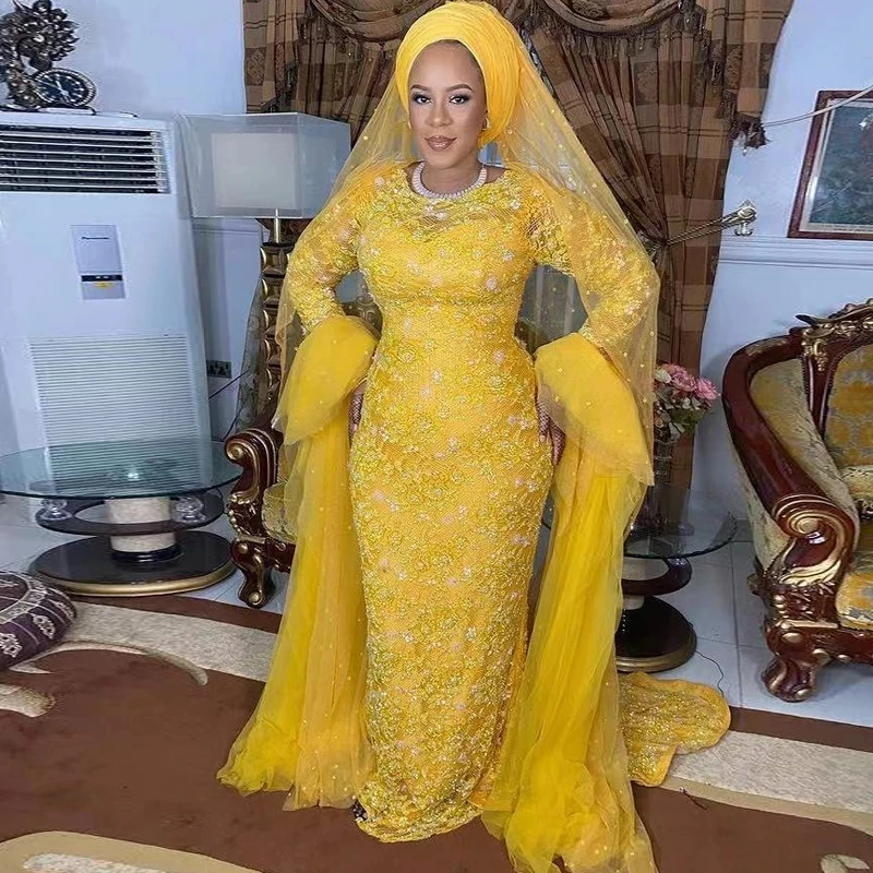 2022 арабское Aso Ebi стиль желтое кружевное платье для выпускного вечера с длинным