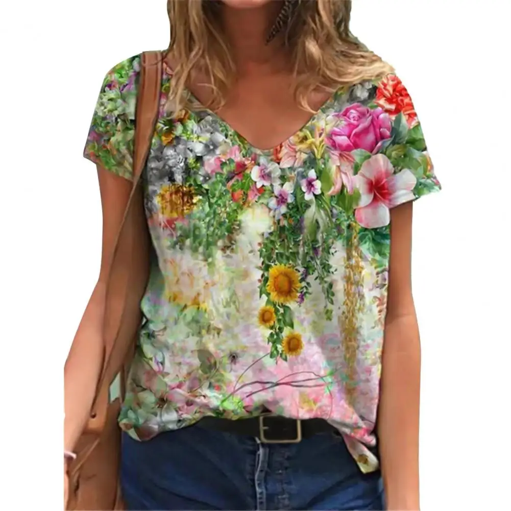 

T-shirt Floral Print Loose Top Women Short Sleeve V Neck Blouse for Summer T-shirt Floral Print Loose Top Short Sleeve Blouse