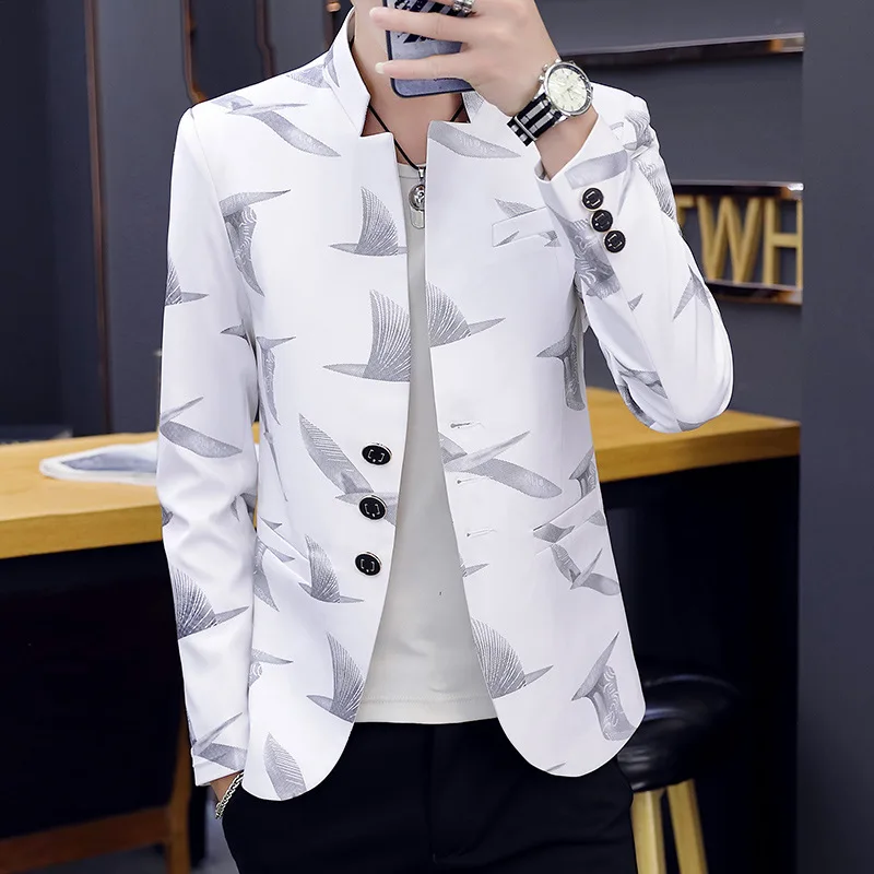 

HOO 2021Men Stand Collar Printed blazer Teenager Slim Fit Casual Handsome blazer