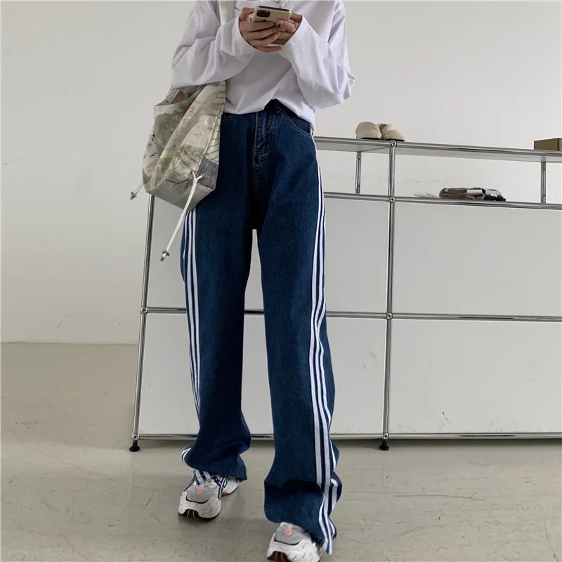 

Женские Брюки с карманами SHZQ, темно-синие джинсы с высокой талией, полосатые прямые свободные джинсы с разрезом, женские эластичные джинсы и...