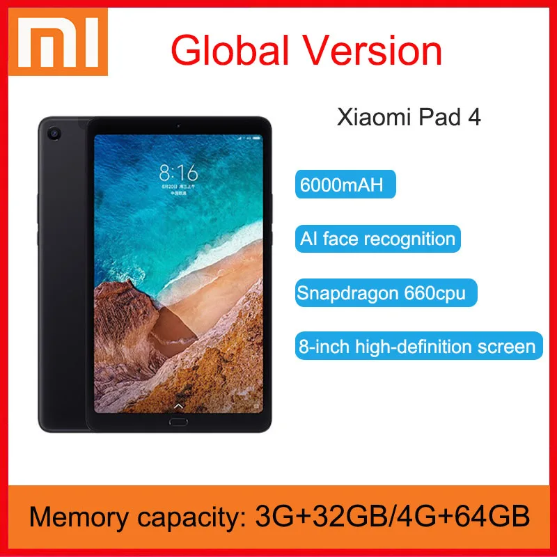 Original Xiaomi Mi Pad 4 32GB/64GB Tablets 4 Snapdragon 660 AIE CPU Tablet 8.0'' 16:10 Screen 13MP Bluetooth 5.0 6000mAh Battery