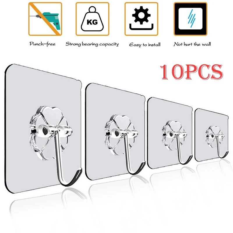 

10Pcs Transparent Wall Hooks Waterproof Oilproof Self Adhesive Hooks Reusable Seamless Hanging Hook For Kitchen Bathroom Office