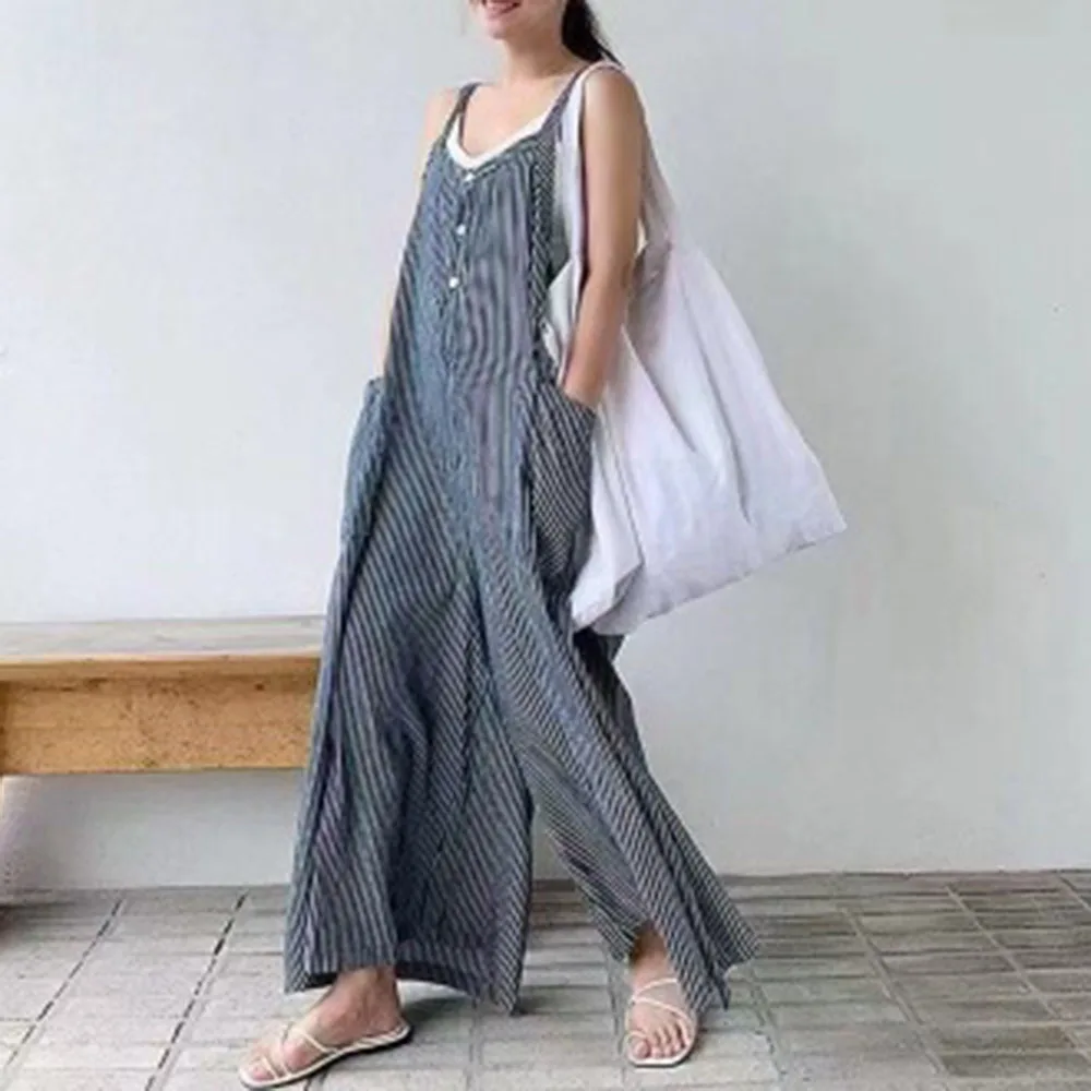 

Japan Style Jumpsuit 2021 Summer Loose Casual Korean Fashion Simple Thin Popular Stripe Big Pocket Wide Leg Pants