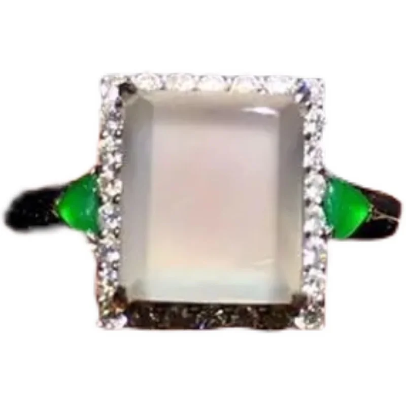 

High Quality Ice Jadeite Jade Chalcedony Square Women's Ring S925 Sterling Silver Inlaid Burma Jade Ring Simple European and