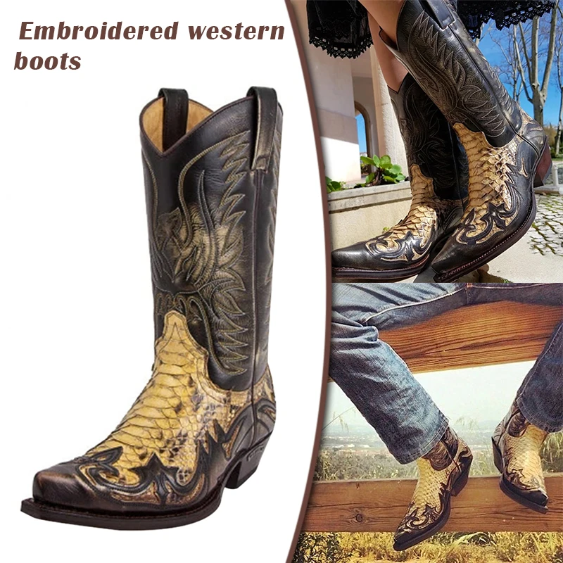 

Unique Python Western Boot Colorblock Embroidery Men Boots Fashion Modern Shoes Comfortable -WT