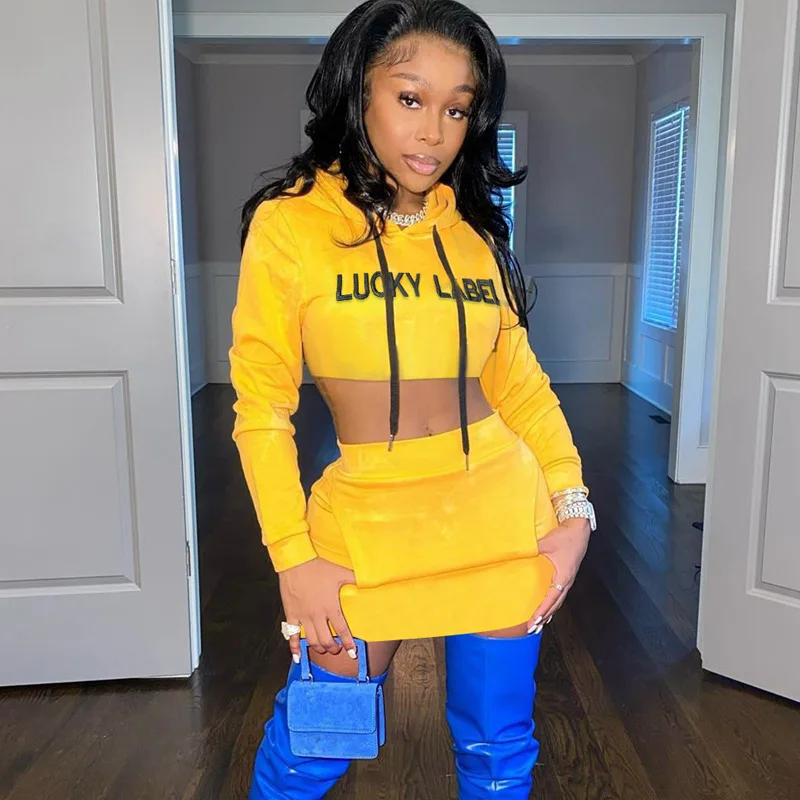 

Women's Fashion 2 Piece Set Women Letter Embroidered Hooded Long Sleeve Top + Hip Skirt Womens Casual Long Sleeve dress sets