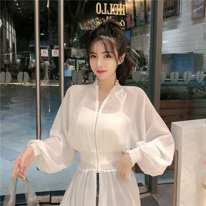 

Mesh Irregular Ruffled Blouses Spliced Pleated Gauze Chiffon Shirts Dress Sunscreen Cardigan Zipper Jacket Flare Sleeved Tops