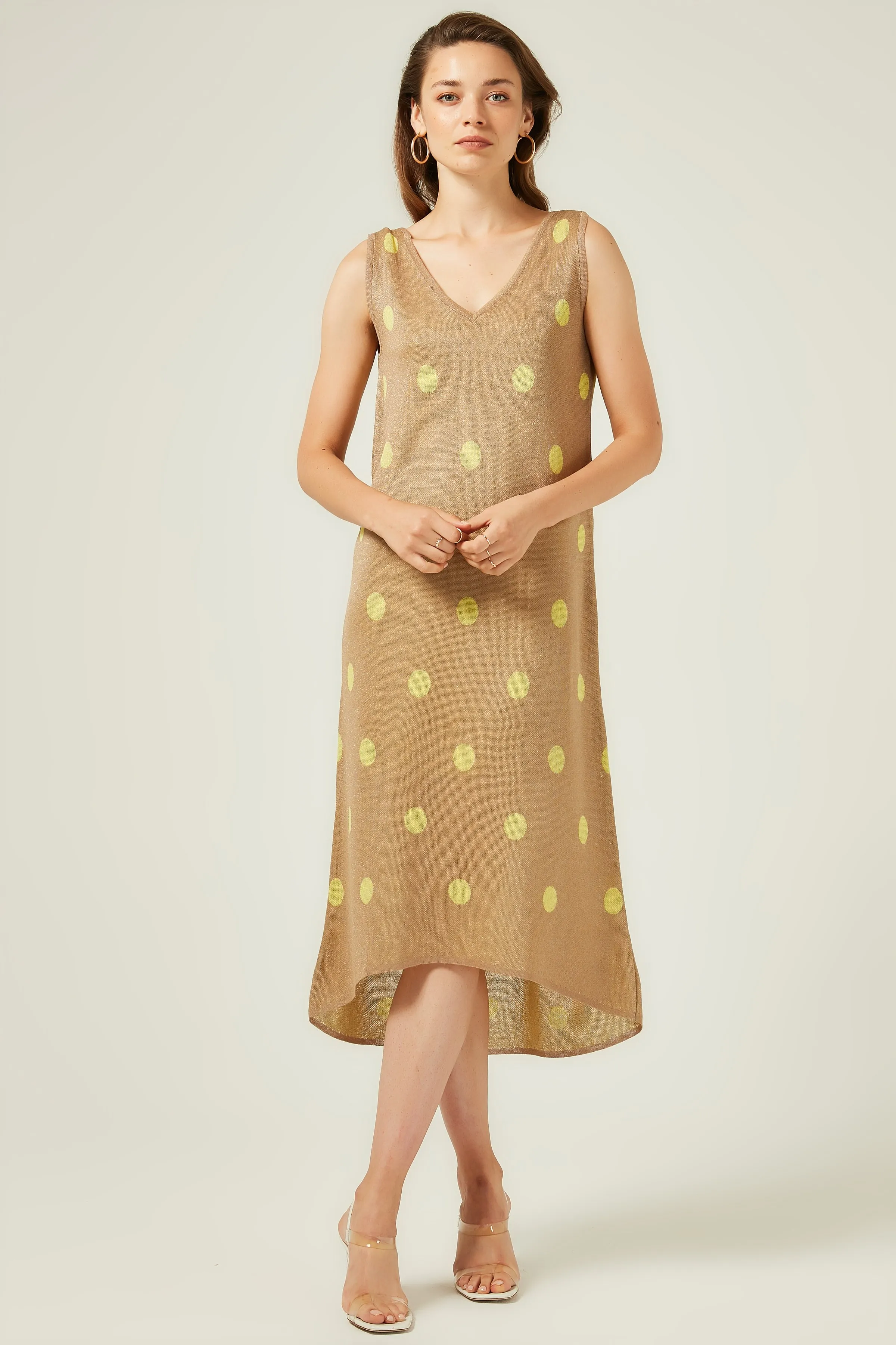 Платье-Свитер в горошек с v-образным вырезом-K. Бежевый | Женская одежда