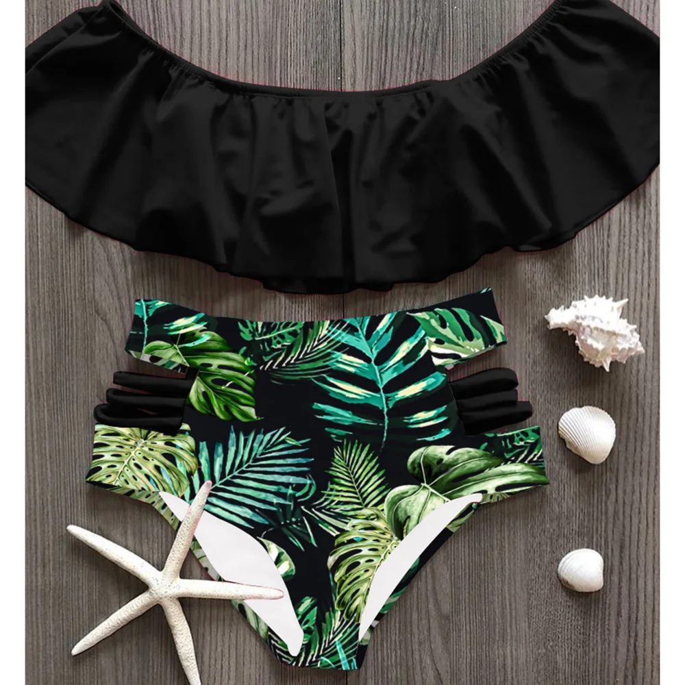 

Sexy High Waist Bikinis 2021 New Print Swimwear Women Swimsuit Shoulder Ruffle Bathing Suits Beach Wear Push Up Biquini Female