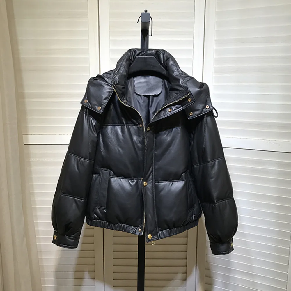 Winter Women's High Quality Sheepskin Genuine Leather Hooded Down Coat C810