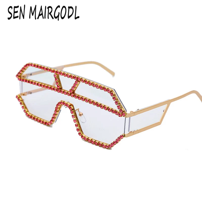 

Classic diamond sunglasses women men Large frame color rhinestone luxury design sun glasses Siamese transparent lens goggles