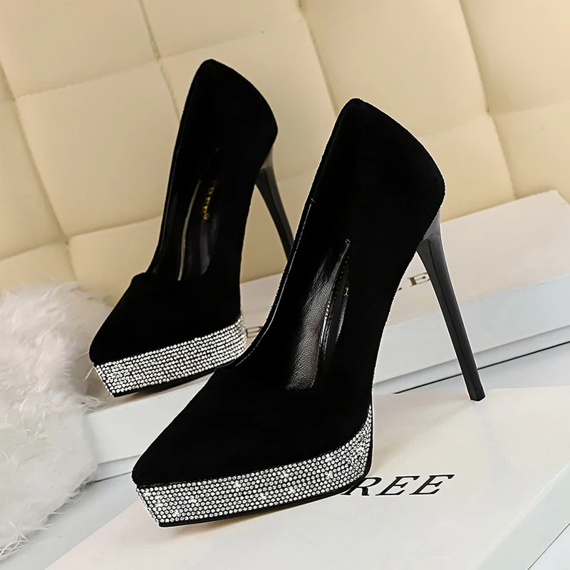 Корейская мода тонкий каблук Высокий замша стразы Водонепроницаемая платформа