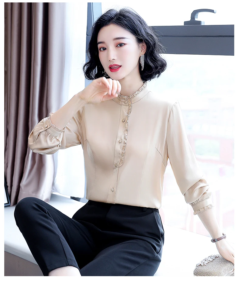 

Houthion Silk Satin Slim Women's Blouses New Casual Blouse Fashion Long Sleeve Top Solid Color Ruffle Collar Shirt Spring/autumn