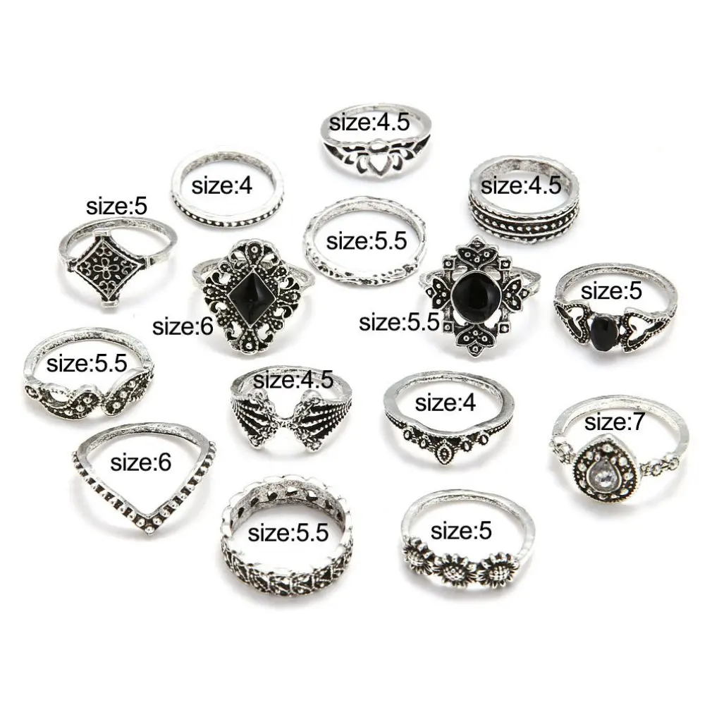 

Bohemian Retro Finger Jewelry Crown Geometric Rhinestone Leaf Women Ring Sets Hollow Stacking Finger Rings Vintage Silver Color