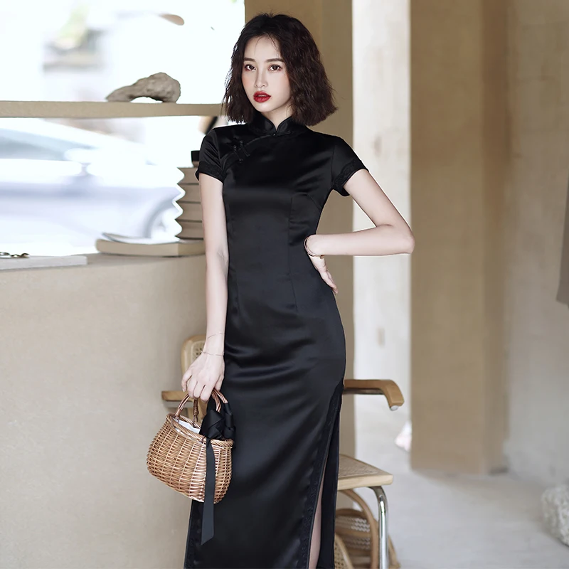 

Oriental Dress Black Qipao RealSilk Retro Cheongsam Customized Chinese Traditional Female Skirt Tight Fitting Summer China Dress