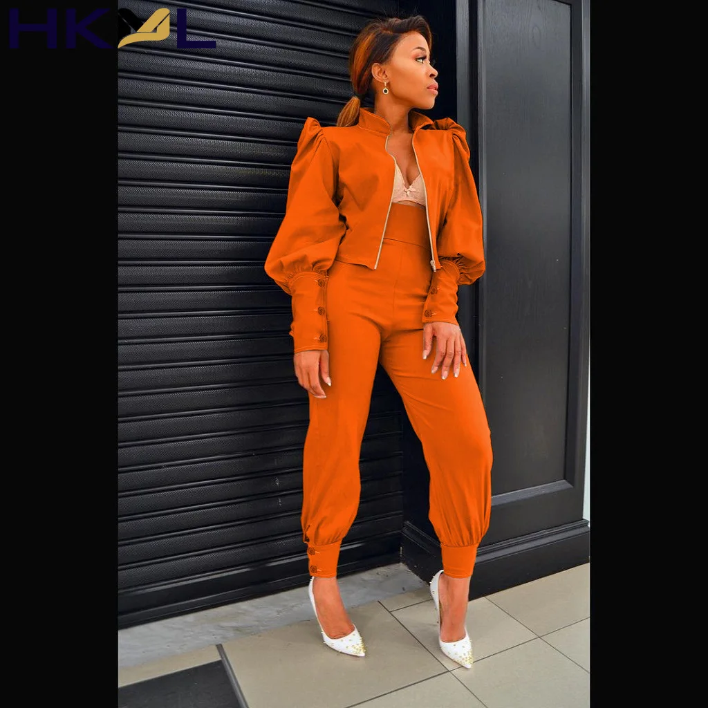 

Elegant Women Two Piece Set Zipper Stand Collar Long Puff Sleeve Short Jacket Tops High Waist Pants Slim Business Suit