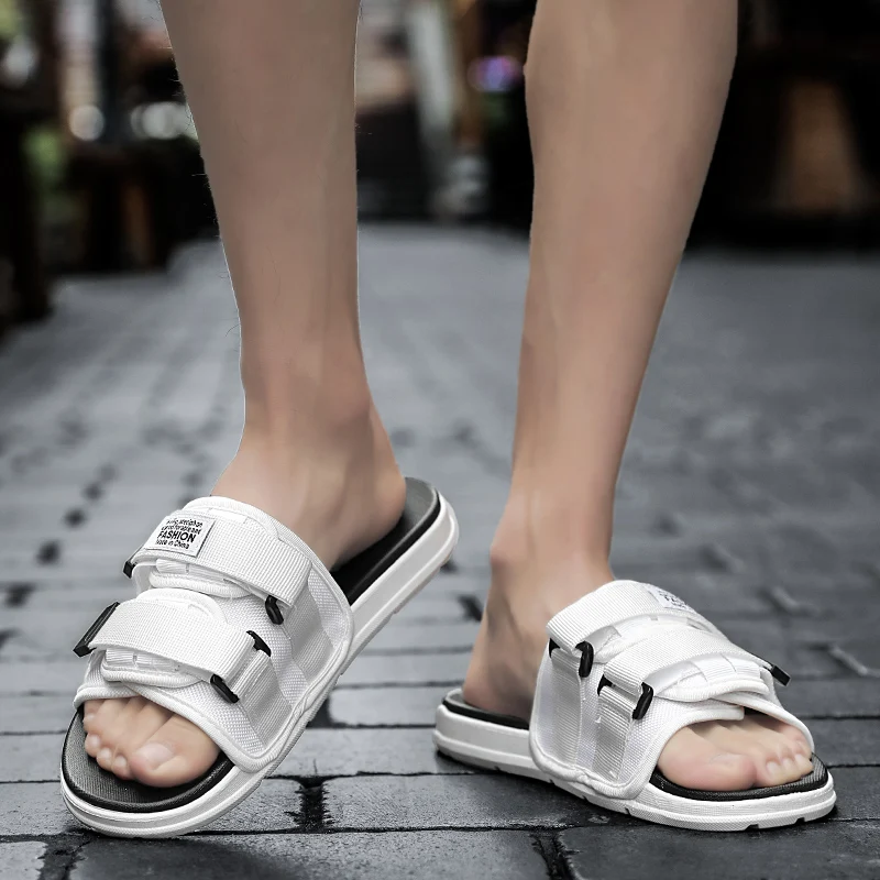 

2021 Black Original Velcro Men Casual Slippers Comfortable Soft Slides Men Couple Plus Size 35-46 Men's Beach Slippers pantufa