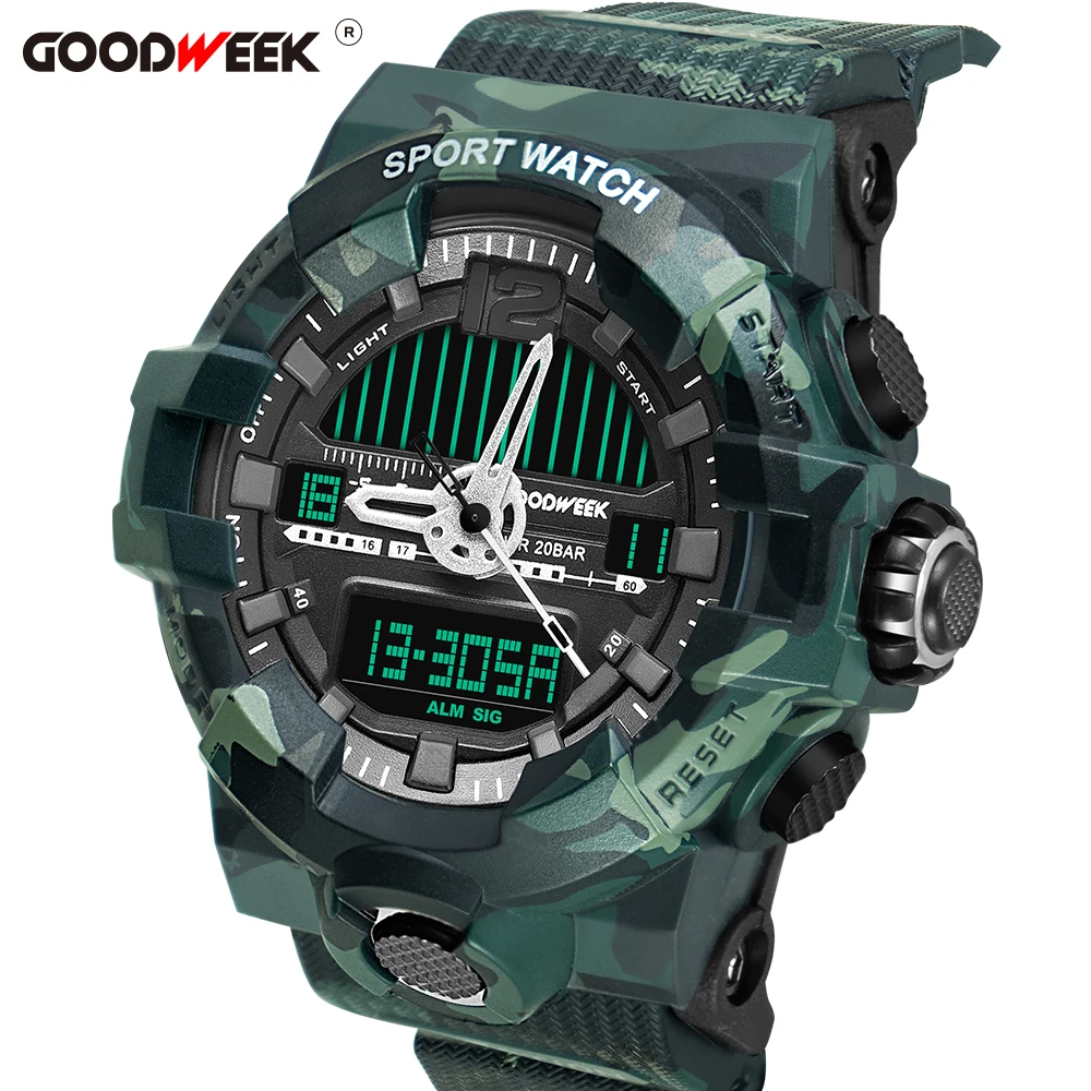 Армейские спортивные часы GOODWEEK мужские цифровые водонепроницаемые кварцевые с