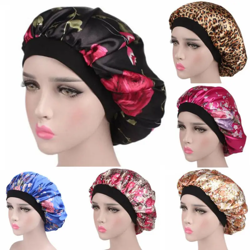 

New Hot Fashion Soft Silk Satin Floral Nightcap Night Sleep Cap Hair Bonnet Hat Head Cover Wide Band Elastic