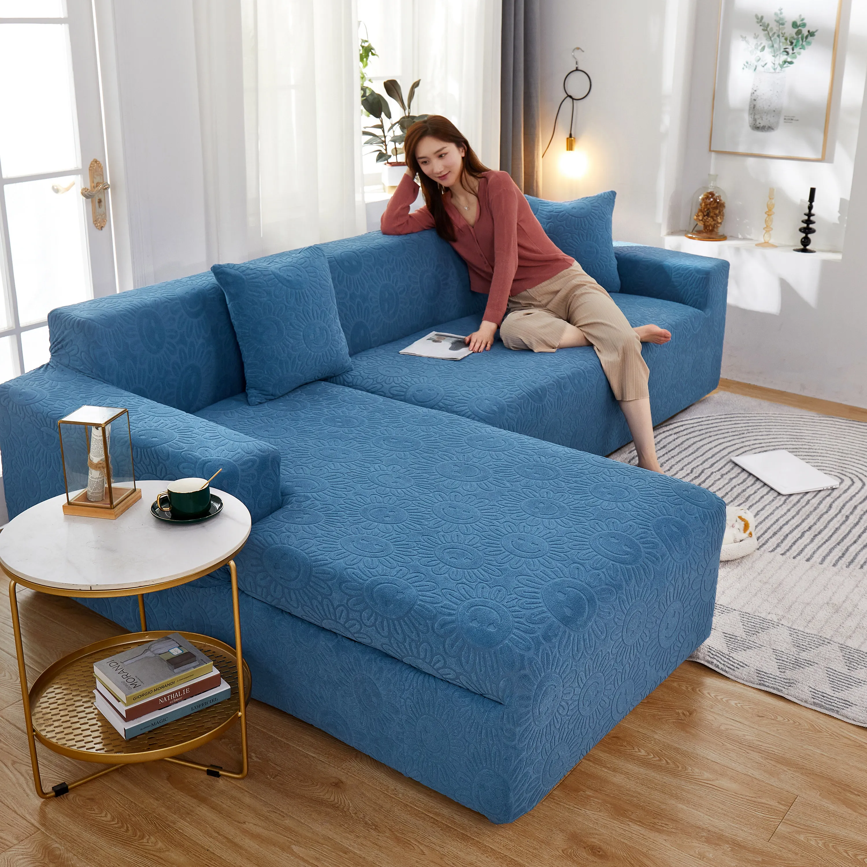 

Жаккардовый плюшевый чехол для дивана, однотонный современный эластичный чехол для угловой кушетки в гостиную