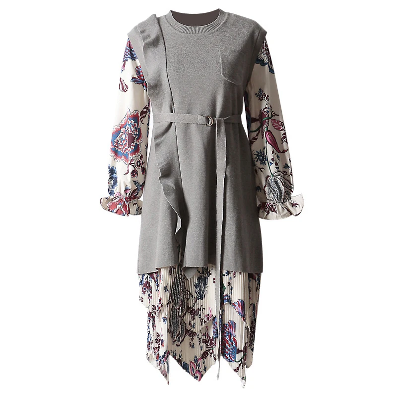 

[EAM] Women Irregular Spliced Knitting Print Belt Dress New Round Neck Long Sleeve Loose Fit Fashion Autumn Winter 2021 1DD2374