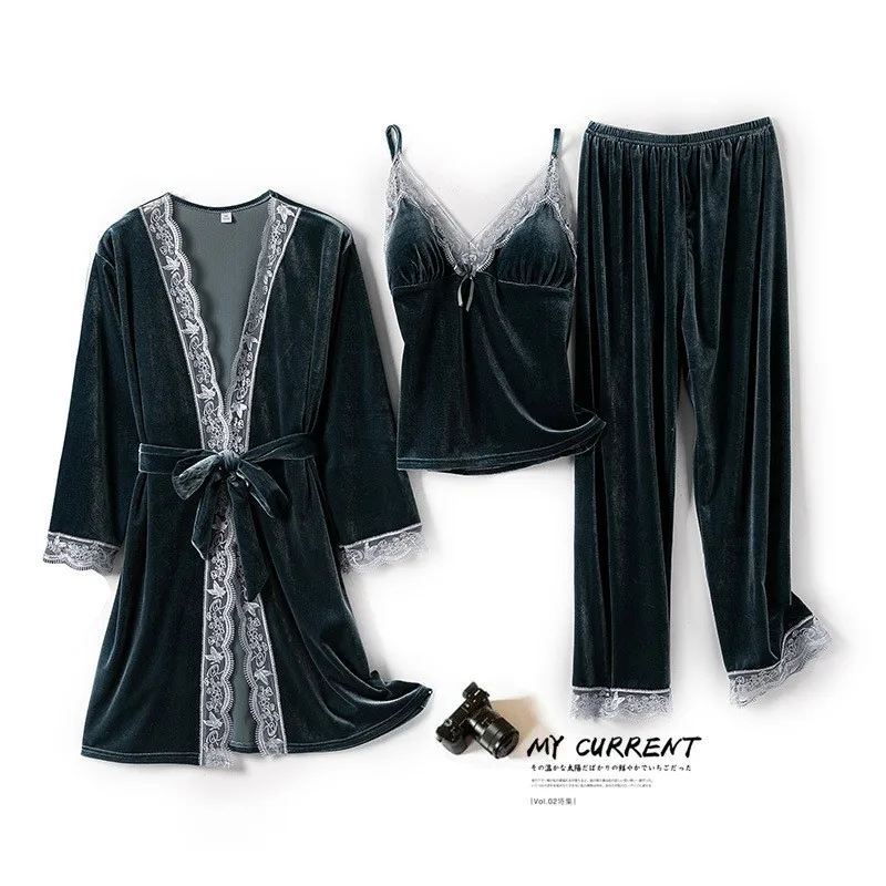 

Sleepwear Velvet Pajamas Suit Women 3PCS Wedding Nightgown Set Autumn Winter New Loose Pijamas Velour Sexy Lace Trim Home Wear