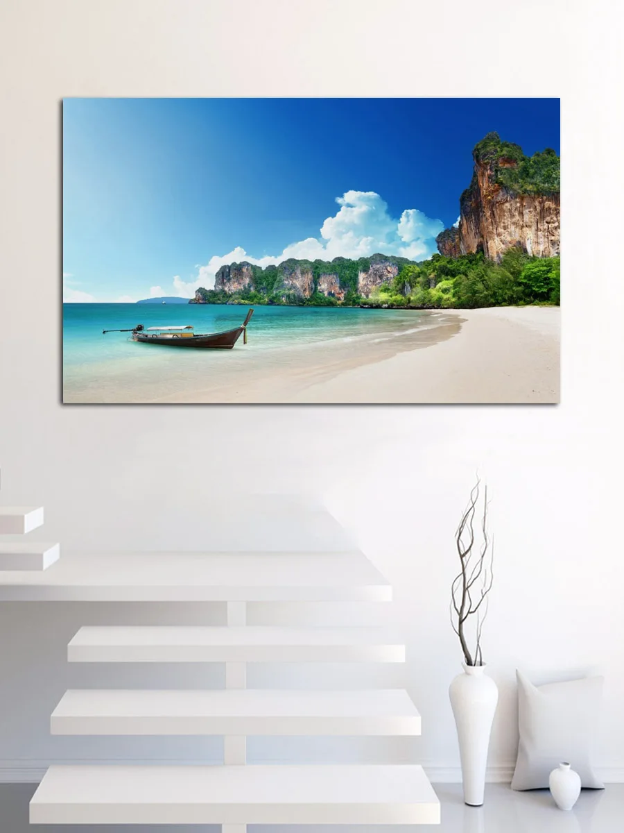 Тропический пляж синее море скалы береговая линия природный пейзаж ткань