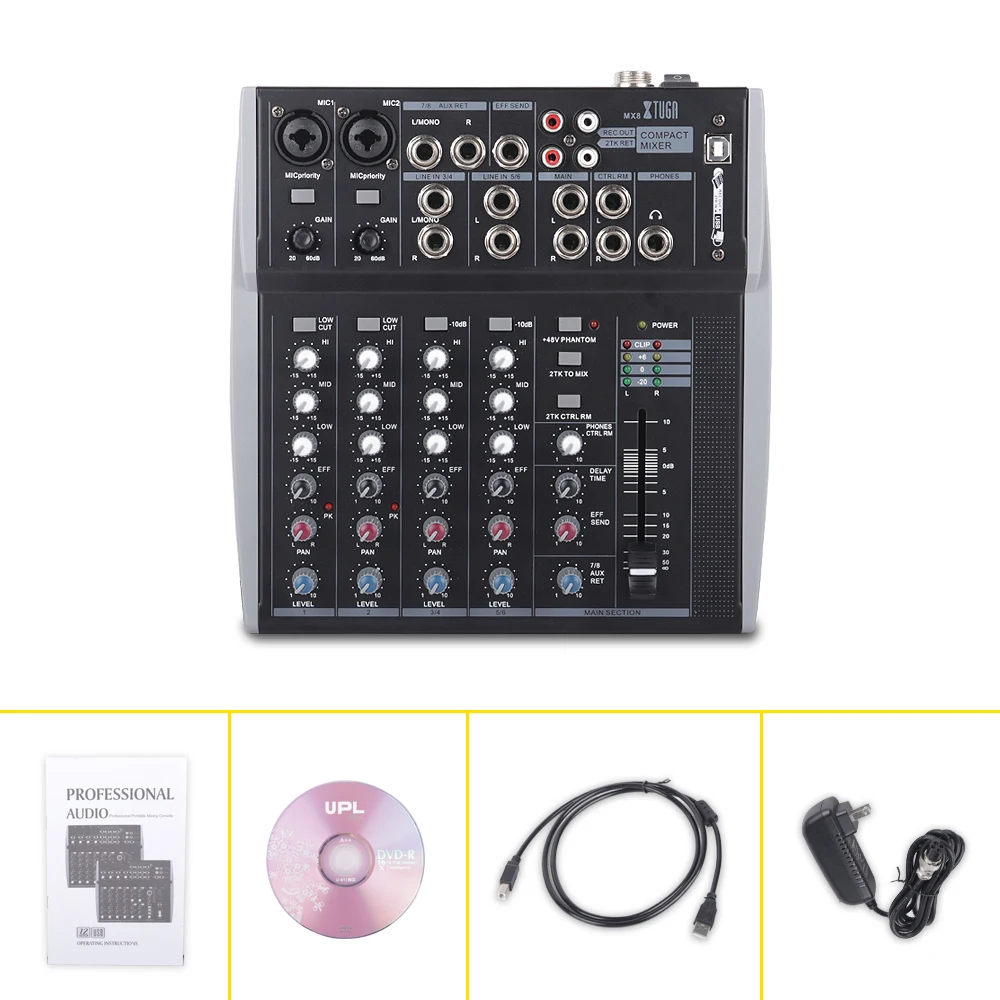 XTUGA 8 каналов 3 полосный EQ аудио микшер микшерная консоль с USB XLR линейный вход 48 В