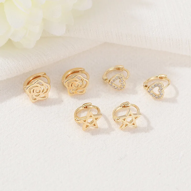 

14k Gold Rose Heart Star Micro Stone Stud Earrings Fashion Romantic Jewelry Geometric Circle Crystal