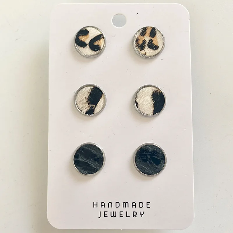 

3 Pairs/Set Round Leopard Zebra Dot Genuine Leather Button Stud Earrings Vintage Creative Super Value Jewelry Set Wholesale