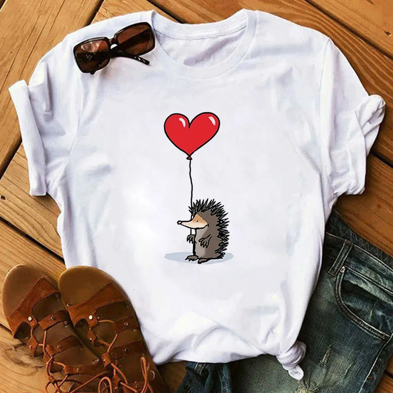 

Harajuku Women Tshirt Funny Cute Hedgehog Print Tee Tops Female Summer Short Sleeve T-shirt Casual Loose Cartoon Tops T-shirt