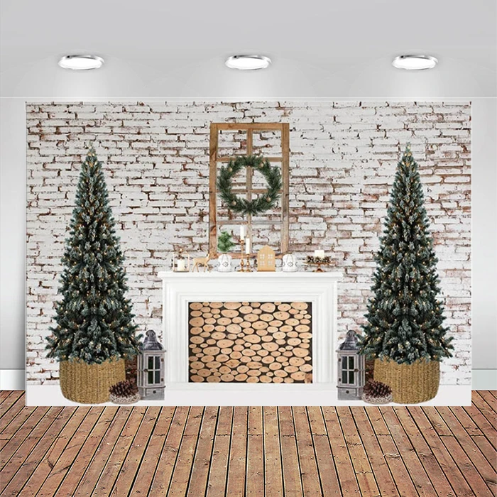 Christmas Brick Wall Photography Background Indoor Fireplace Xmas Tree Backdrop Family Portrait Photo Studio Photocall