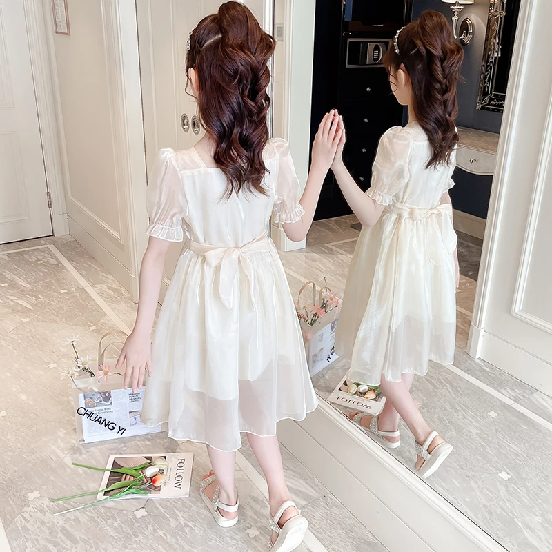 

High Quality Girl Dress Long Summer Solid Cotton Princess Skirts White Pink Lace Button Student Cute Clothes For Kids 4-14 Years