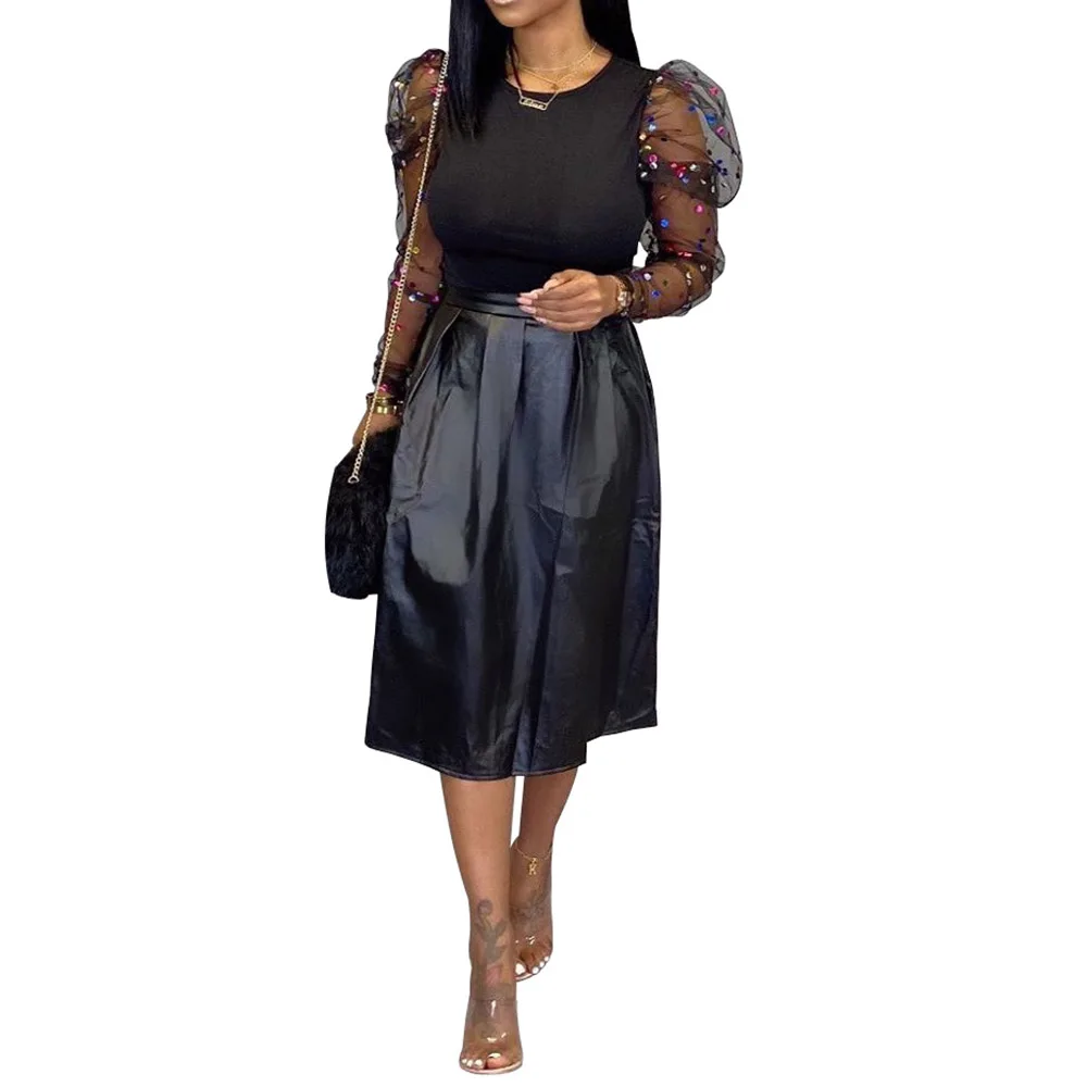 Комплект из двух предметов с юбкой сетчатый топ длинными рукавами и ПУ кожа