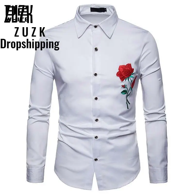Мужская приталенная рубашка ZUZK белая большого размера в этническом стиле с